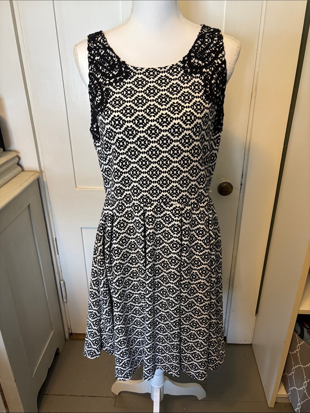 Xhilaration Black and White Lace-Trim Fit-and-Flare Midi Dress